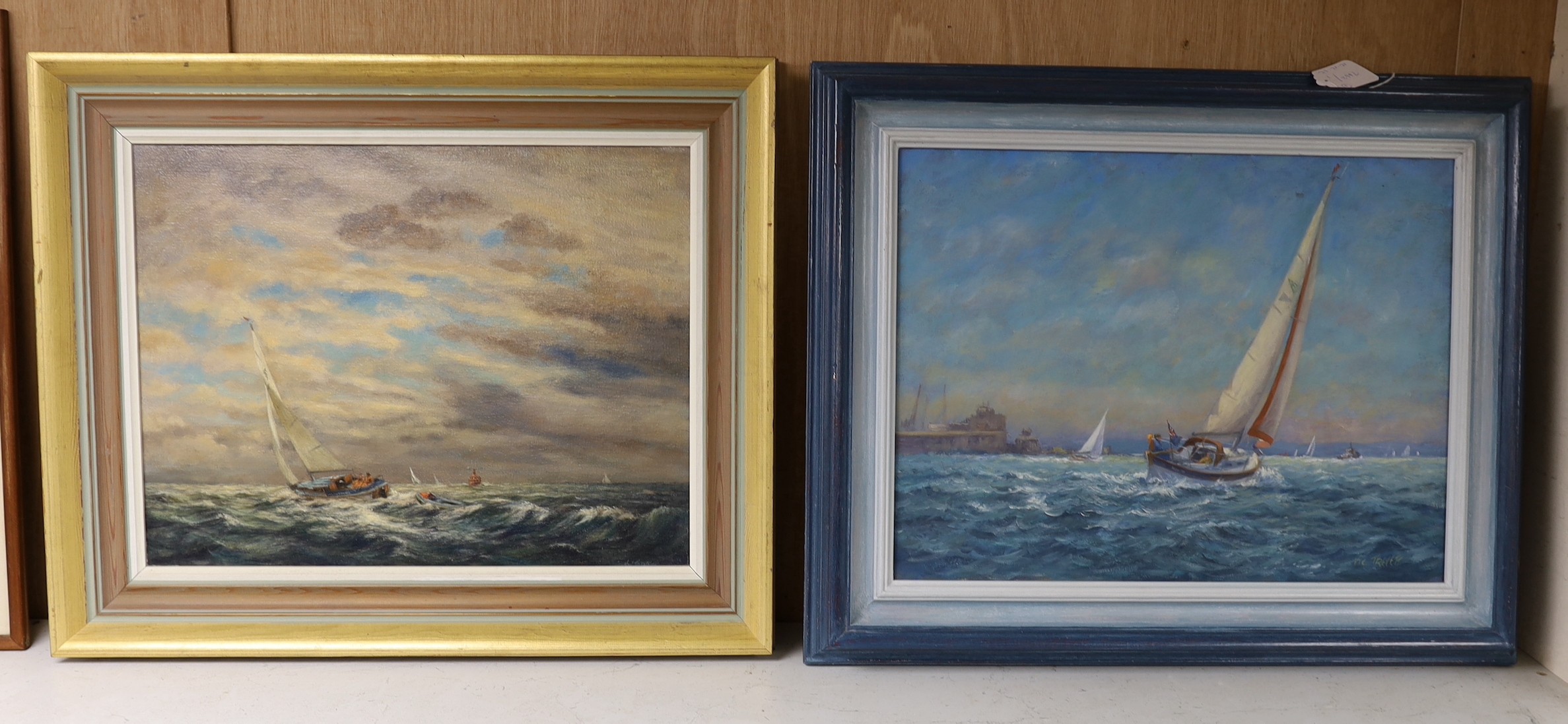 Vic. Trevett (b.1930), two oils on canvas, 'Moonshine passing Wallet Spitway' and 'Maud entering The Medway', signed, 34 x 44cm